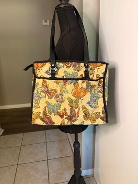 90s vintage Butterfly Tapestry Shoulder Bag with Black Trim